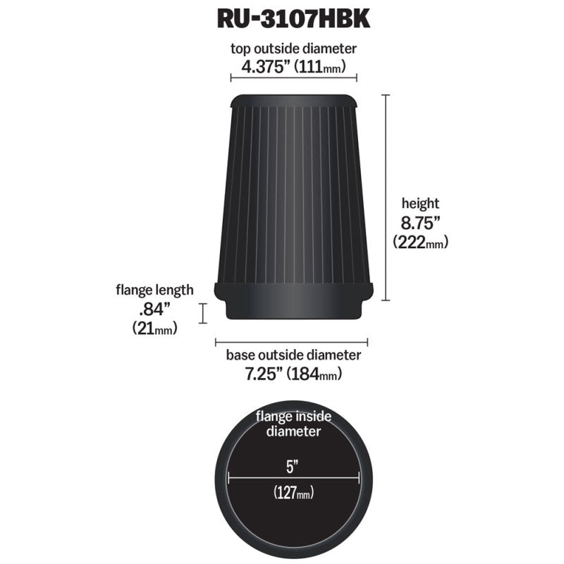 K&N Engineering Air Filters - Universal Fit K&N Universal Air Filter (5in Flange / 6-1/2in Base / 4-3/8in Top OD / 8-3/4in Height)