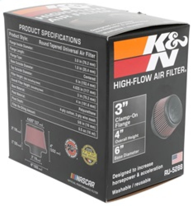 K&N Engineering Air Filters - Universal Fit K&N Universal Round Clamp-On Air Filter 3in Flange ID x 6in Base OD x 4.625in Top OD x 3in Height