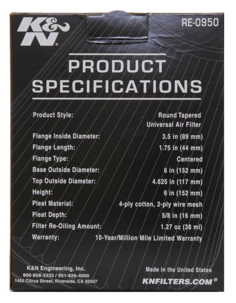K&N Engineering Air Filters - Universal Fit K&N Universal Rubber Filter 3 1/2inch ID FLG / 6inch Base / 4-5/8inch Top / 6inch Height