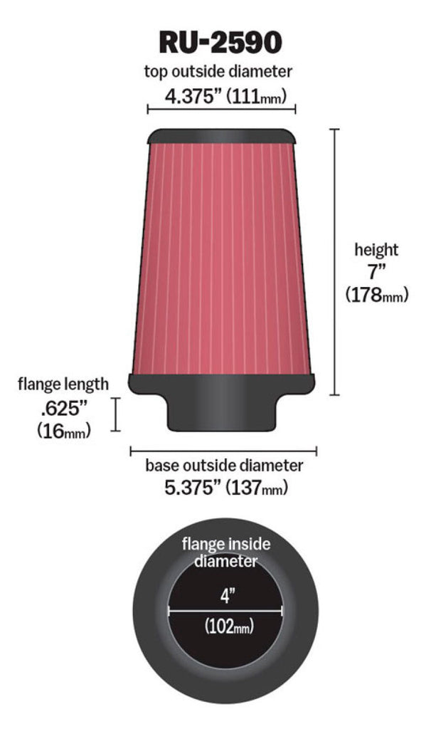 K&N Engineering Air Filters - Universal Fit K&N Filter Universal Rubber Filter 4 inch Flange 5 3/8 inch Base 4 3/8 inch Top 7 inch Height