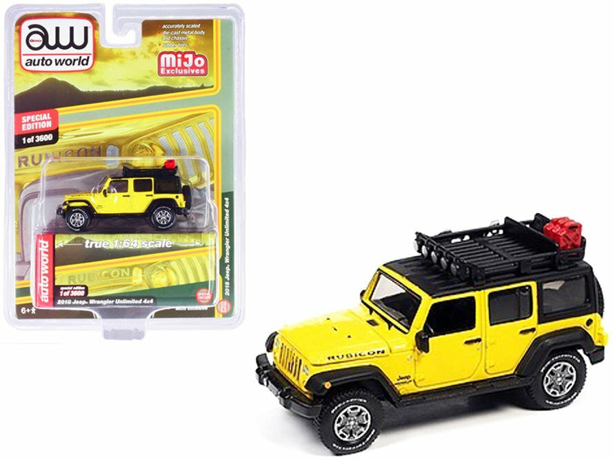 Offroad Trading Company Auto World 1:64 Custom 2018 Jeep Wrangler Rubicon Unlimited Yellow Roof Rack