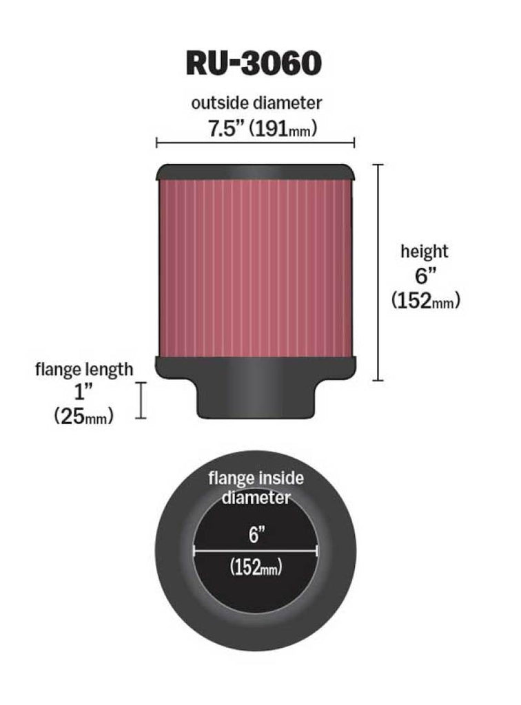K&N Engineering Air Filters - Universal Fit K&N Universal Rubber Filter 6in FLange ID / 7.5in OD / 6in Height / Round Straight