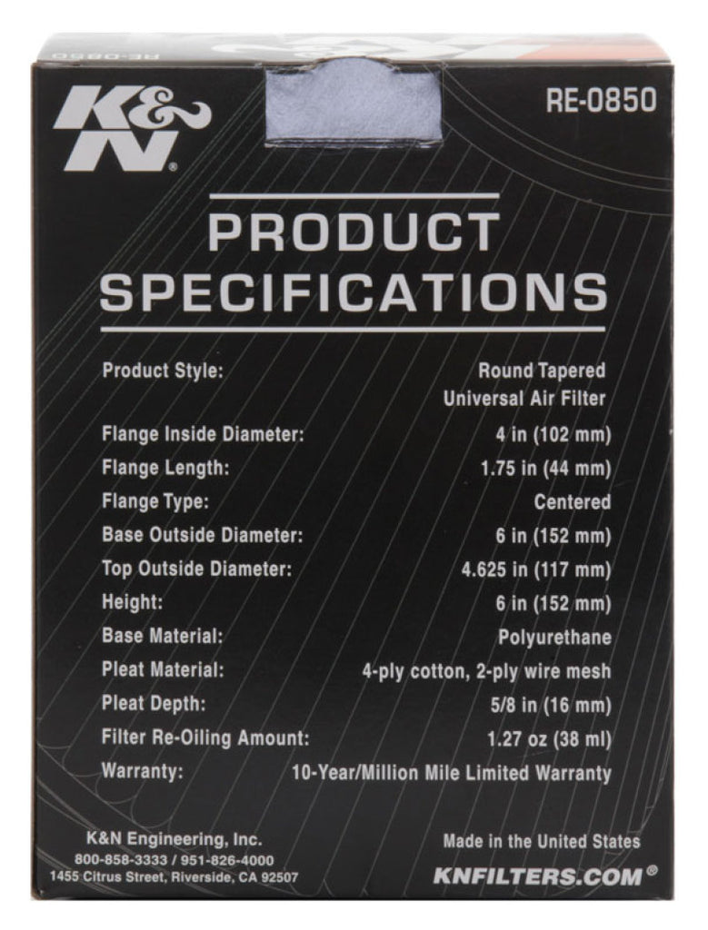 K&N Engineering Air Filters - Universal Fit K&N Universal Air Filter (4in. Flange / 6in. Base OD / 4-5/8in. Top OD / 6in. Height)