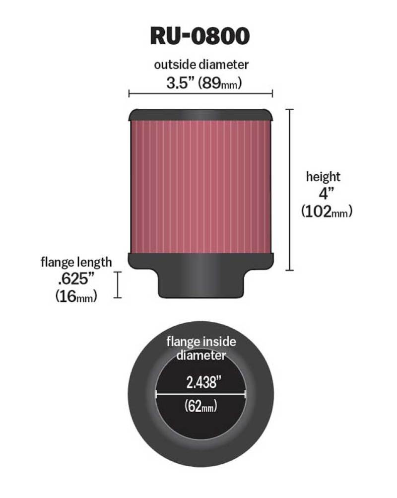 K&N Engineering Air Filters - Universal Fit K&N Universal Air Filter - 2-7/16in Flange x 3-1/2in OD x 4in Height