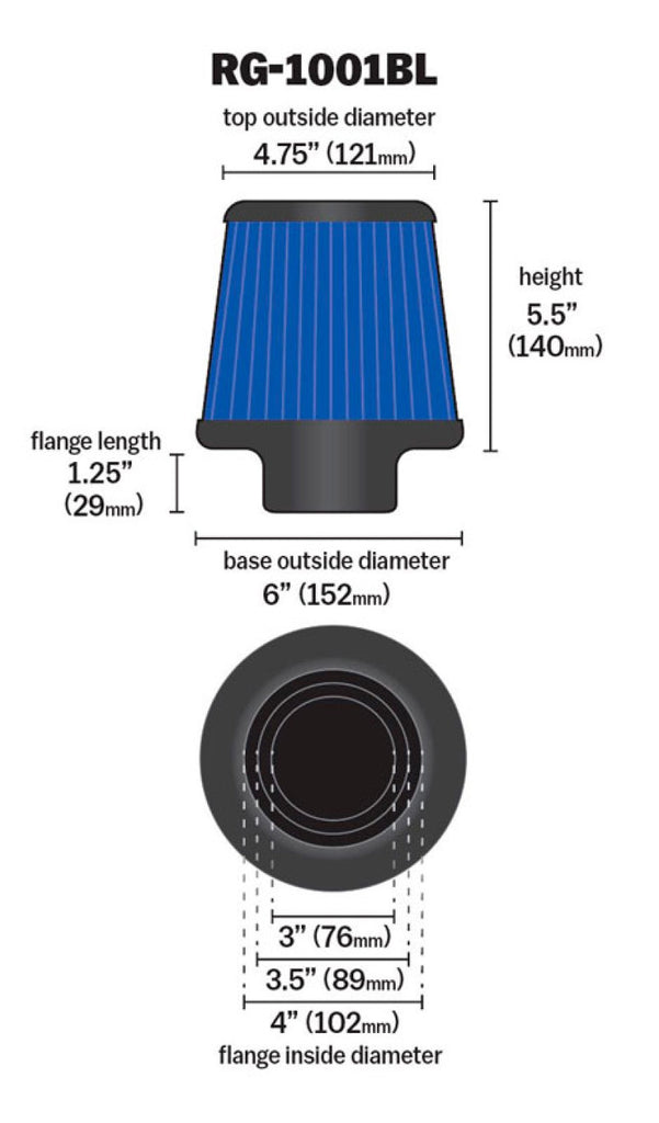 K&N Engineering Air Filters - Universal Fit K&N Universal Air Filter Chrome Round Tapered Blue - 4in Flange ID x 1.125in Flange Length x 5.5in H