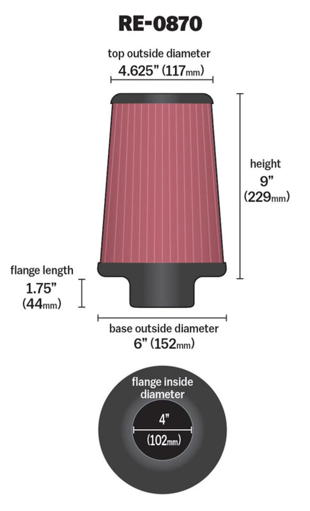 K&N Engineering Air Filters - Universal Fit K&N Universal Rubber Filter 4inch FLG / 6inch OD-B / 4-5/8inch OD-T / 9inch H