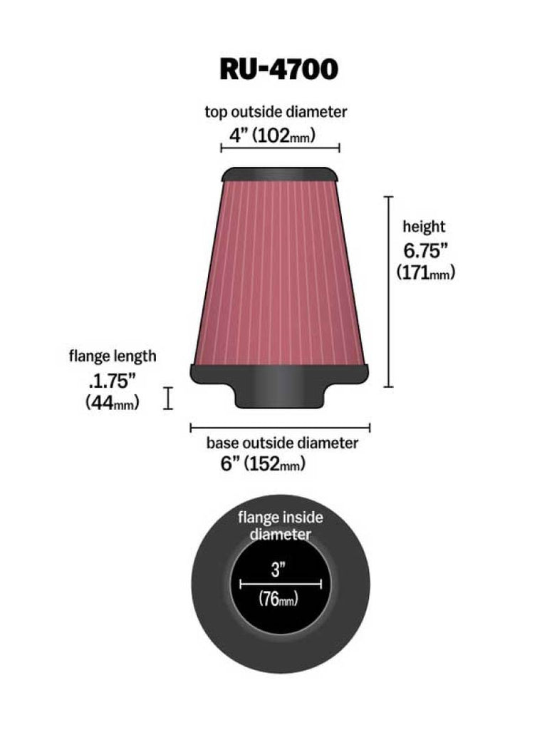 K&N Engineering Air Filters - Universal Fit K&N Universal Tapered Filter 3in Flange ID x 6in Base OD x 4in Top OD x 6.75in Height