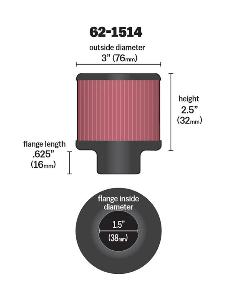 K&N Engineering Air Filters - Universal Fit K&N 1.5in Flange ID x 3in OD x 2.5in Height Clamp On Crankcase Vent Filter