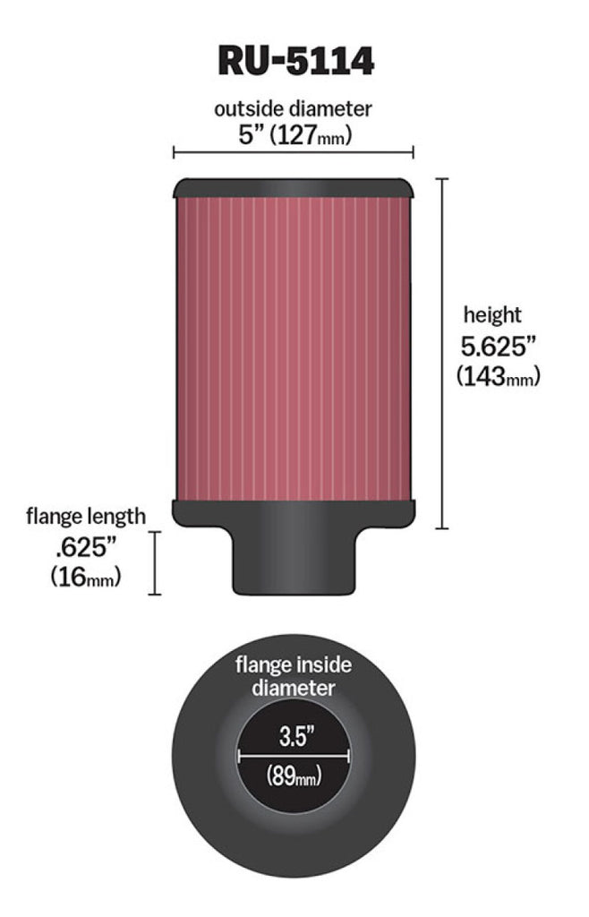 K&N Engineering Air Filters - Universal Fit K&N Filter Universal Rubber Filter 3.5in Flange ID x 5in OD x 5.625in H