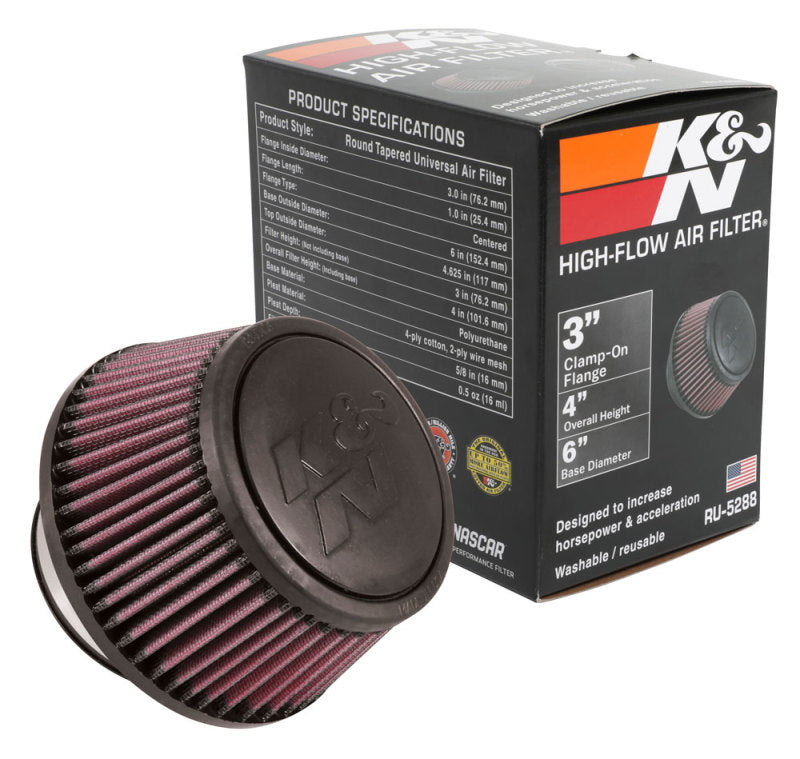 K&N Engineering Air Filters - Universal Fit K&N Universal Round Clamp-On Air Filter 3in Flange ID x 6in Base OD x 4.625in Top OD x 3in Height