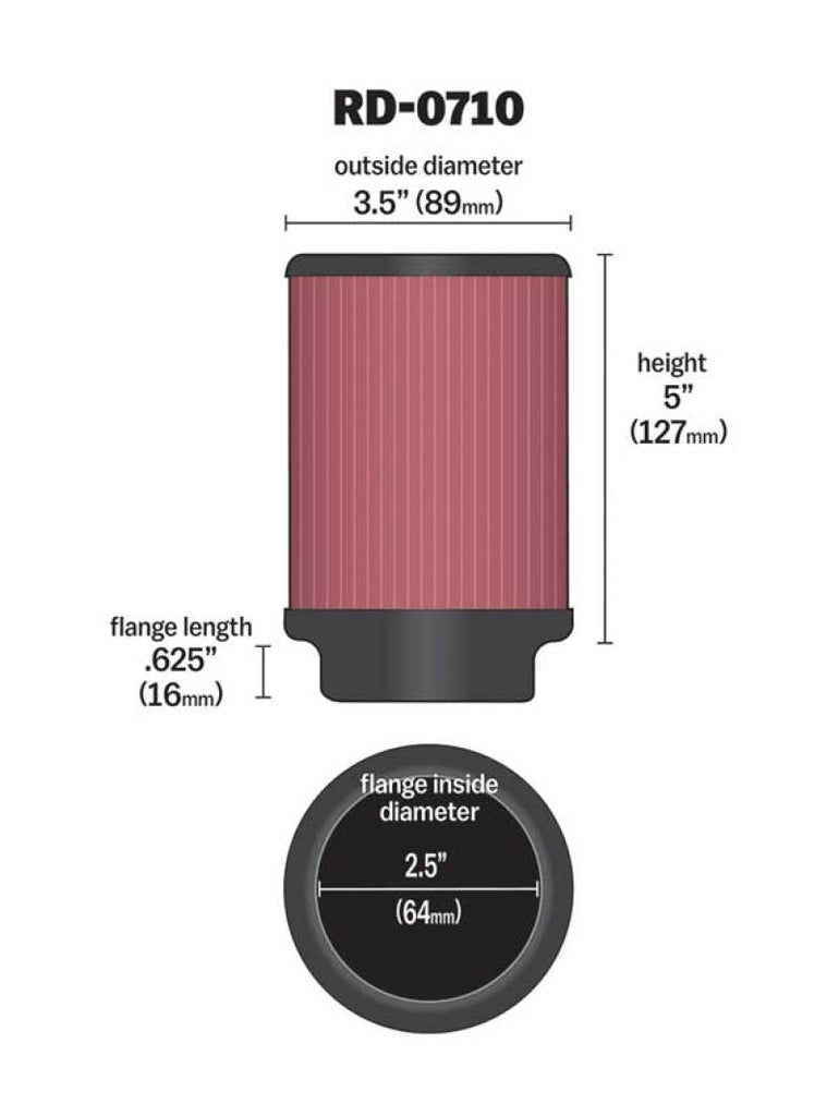 K&N Engineering Air Filters - Universal Fit K&N Universal Rubber Filter 2.5in Flange ID x 3.5in OD x 5in Height