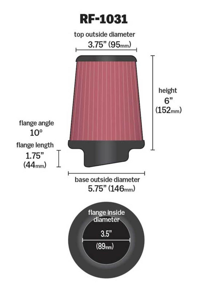 K&N Engineering Air Filters - Universal Fit K&N Round Tapered Universal Air Filter 3.5in Flange ID / 5.75in Base OD / 3.75in Top OD / 6in H