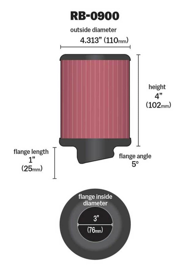 K&N Engineering Air Filters - Universal Fit K&N Universal Rubber Filter 3 inch 5 Degree FLG 4 1/2 inch OD 4 inch Height